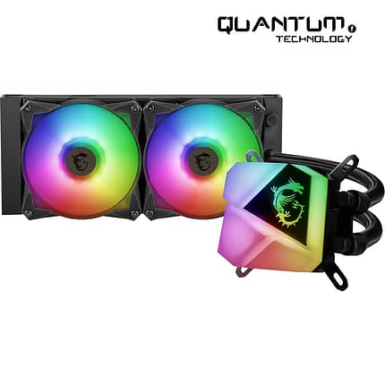 MSI MAG CORELIQUID C240 liquid cooler with RGB lighting and dual 120mm fans for efficient cooling.