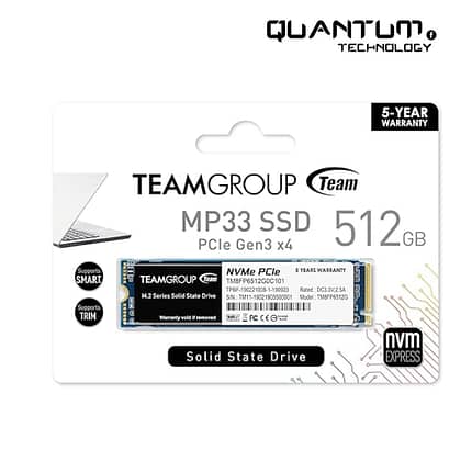 TEAMGROUP MP33 512GB NVMe SSD featuring SLC cache and 3D NAND TLC technology.