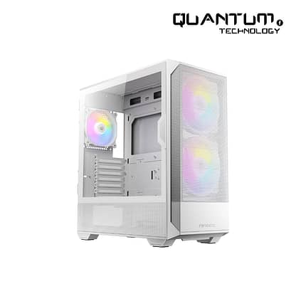 Antec NX416 ARGB White gaming case with tempered glass and customizable ARGB lighting.